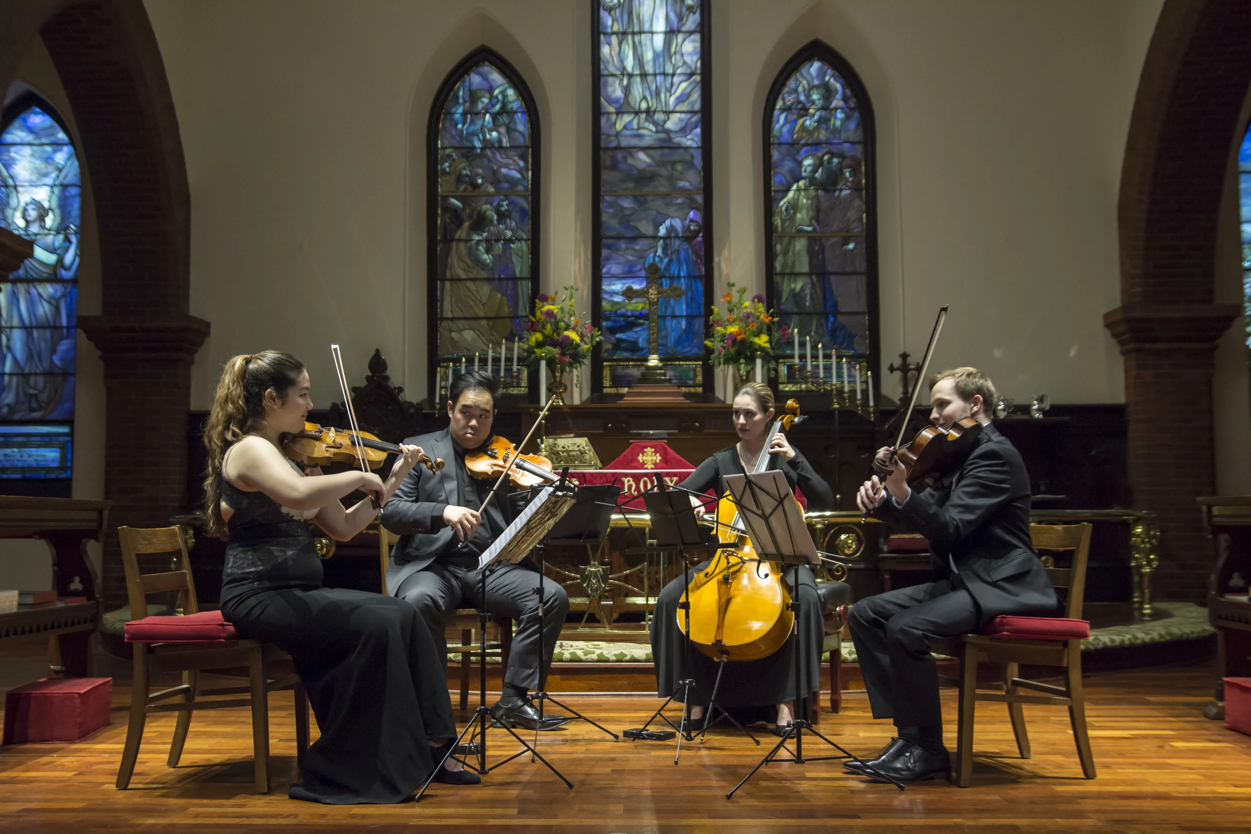 Jinjoo Cho, Eric Wong, Madeline Fayette, and Fitz Gary at the 2015 Music Feeds Us series. 