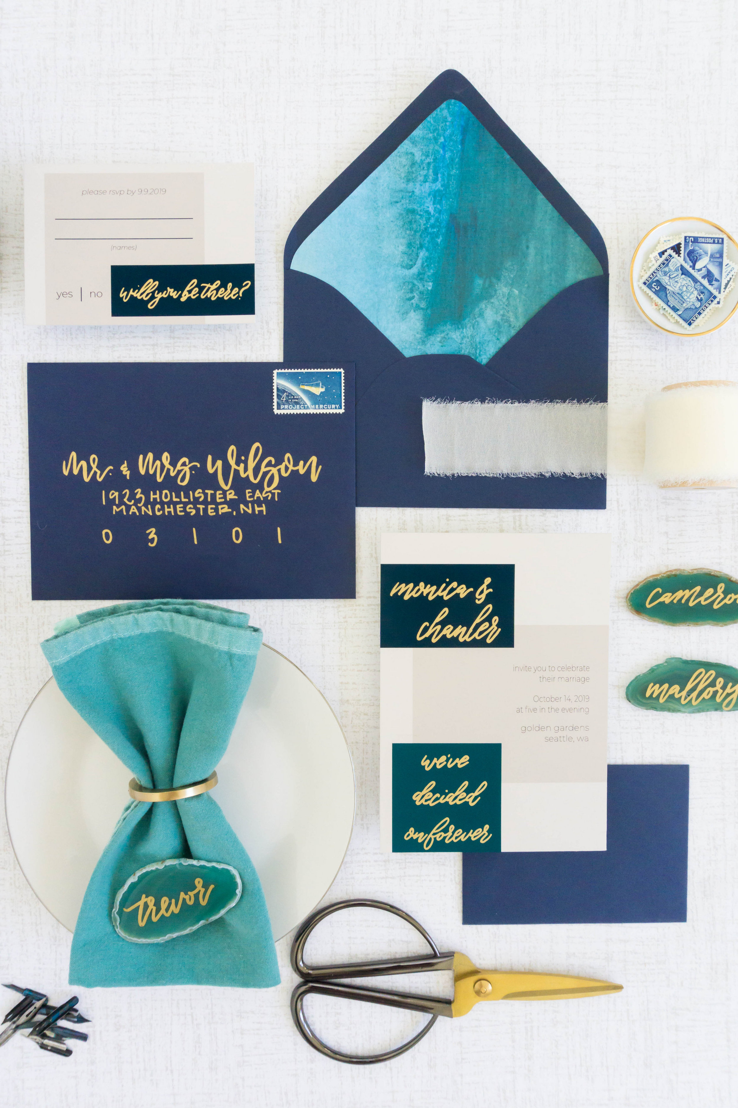 love-fern-design-studio-custom-wedding-invitations-for-the-modern-couple-modern-calligraphy-in-seattle-washington-custom-wedding-stationery-navy-gold-teal-modern-color-block