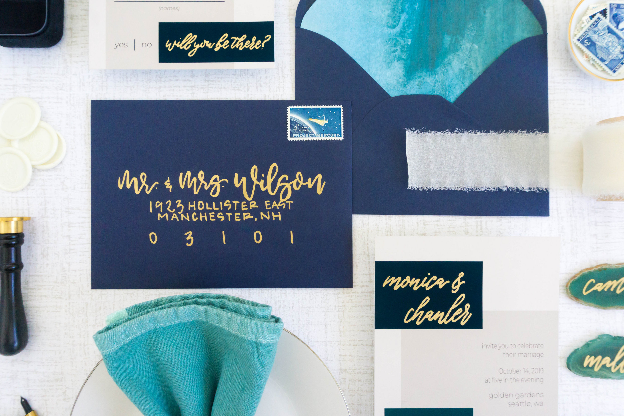 love-fern-design-studio-custom-wedding-invitations-for-the-modern-couple-modern-calligraphy-in-seattle-washington-custom-wedding-stationery-navy-gold-teal-modern-color-block-invitation-envelopes