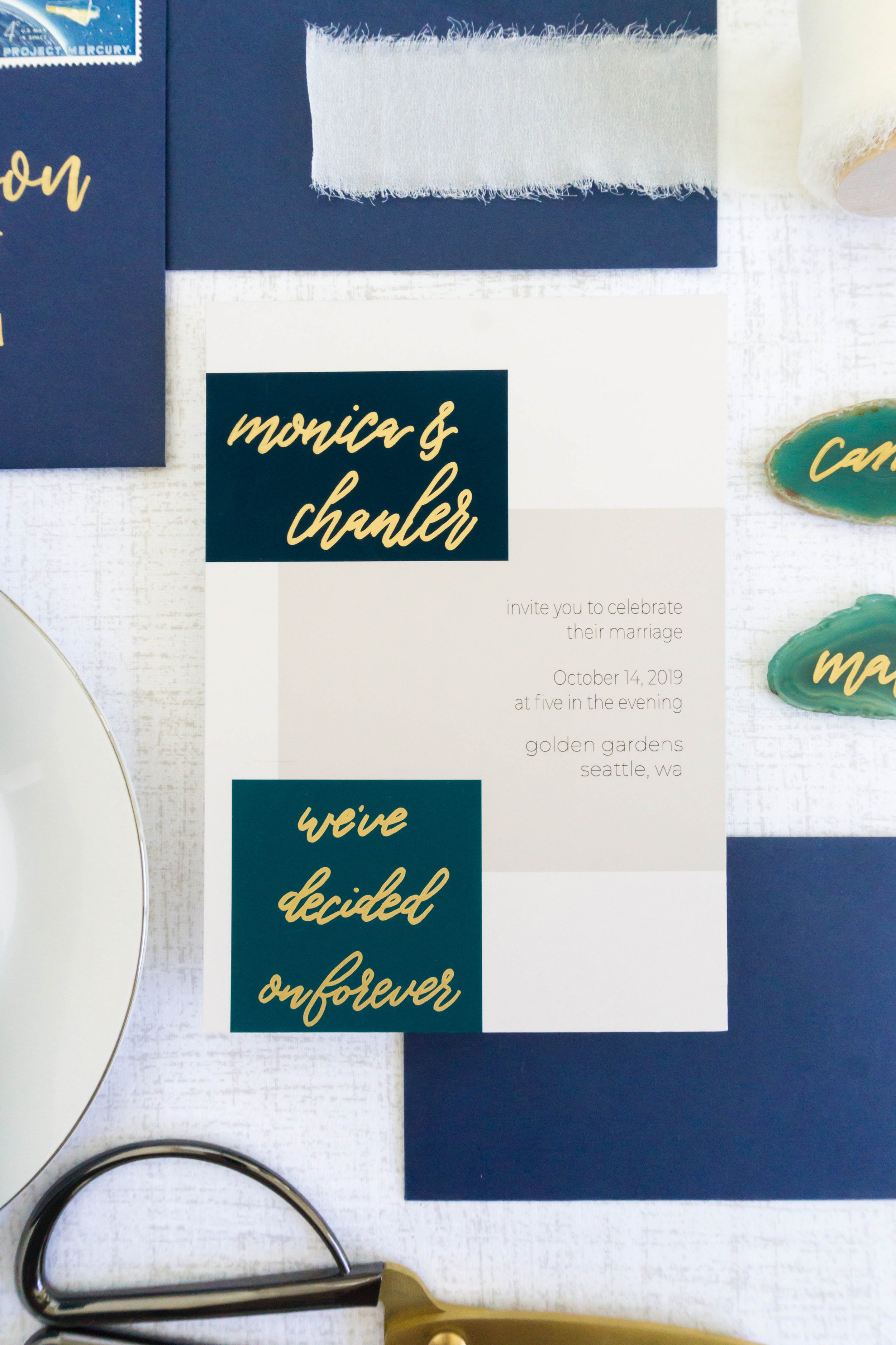 love-fern-design-studio-custom-wedding-invitations-for-the-modern-couple-modern-calligraphy-in-seattle-washington-custom-wedding-stationery-navy-gold-teal-modern-color-block-invitation