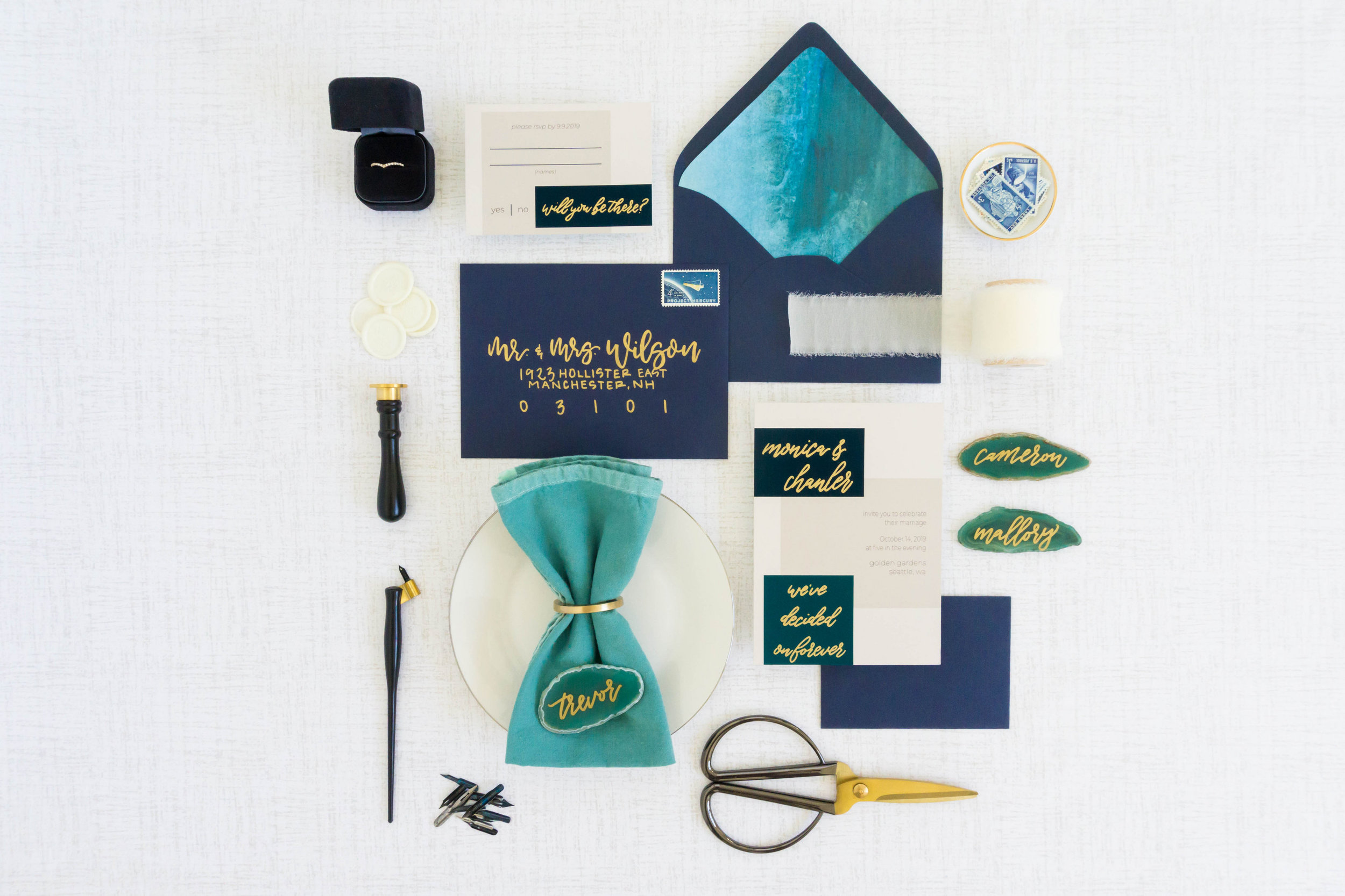 love-fern-design-studio-custom-wedding-invitations-for-the-modern-couple-modern-calligraphy-in-seattle-washington-custom-wedding-stationery-navy-gold-teal-modern-color-block-invitation-suite