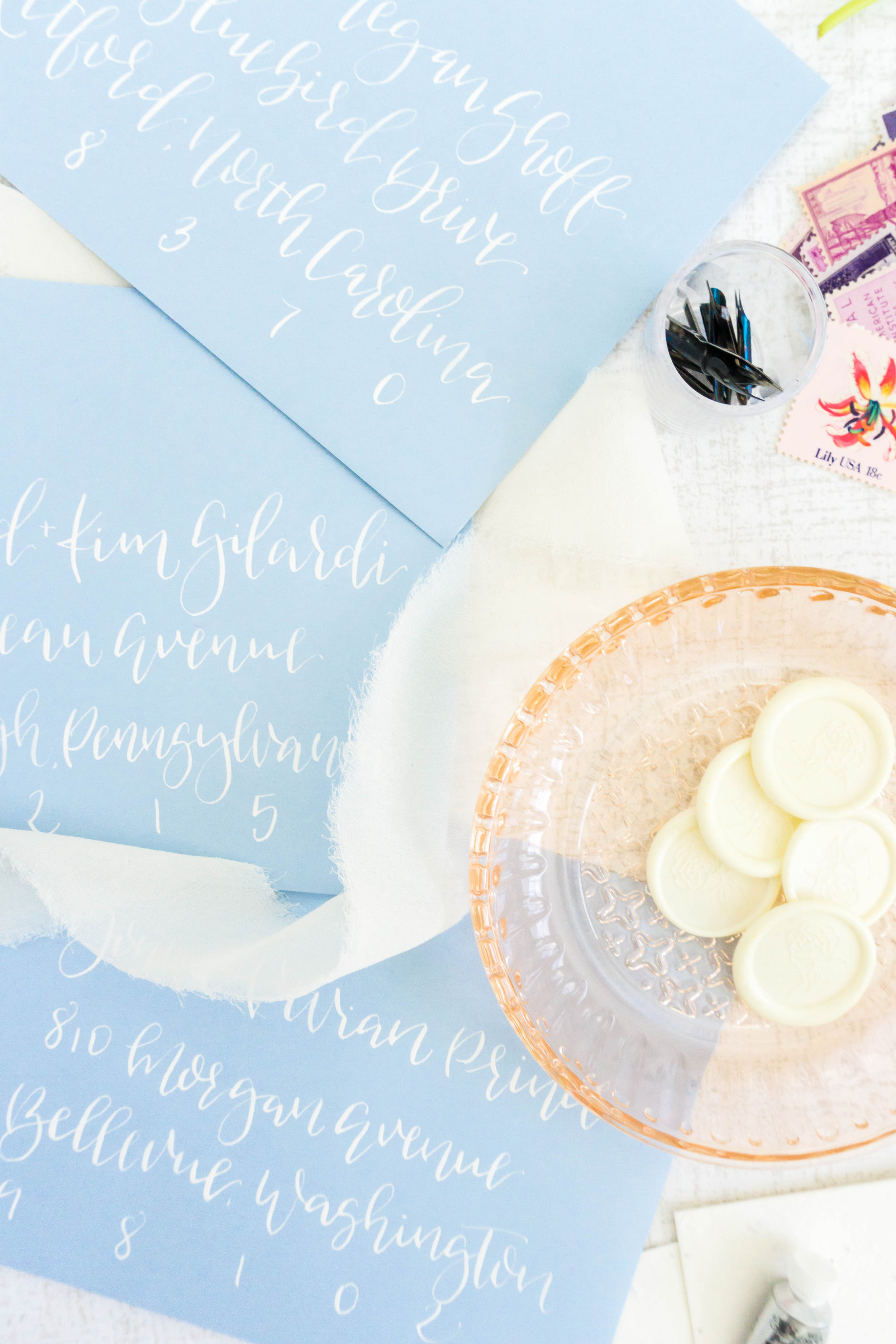 love-fern-design-studio-custom-wedding-invitations-for-the-modern-couple-modern-calligraphy-in-seattle-washington-custom-wedding-stationery-french-blue-calligraphy-envelopes-white-ink