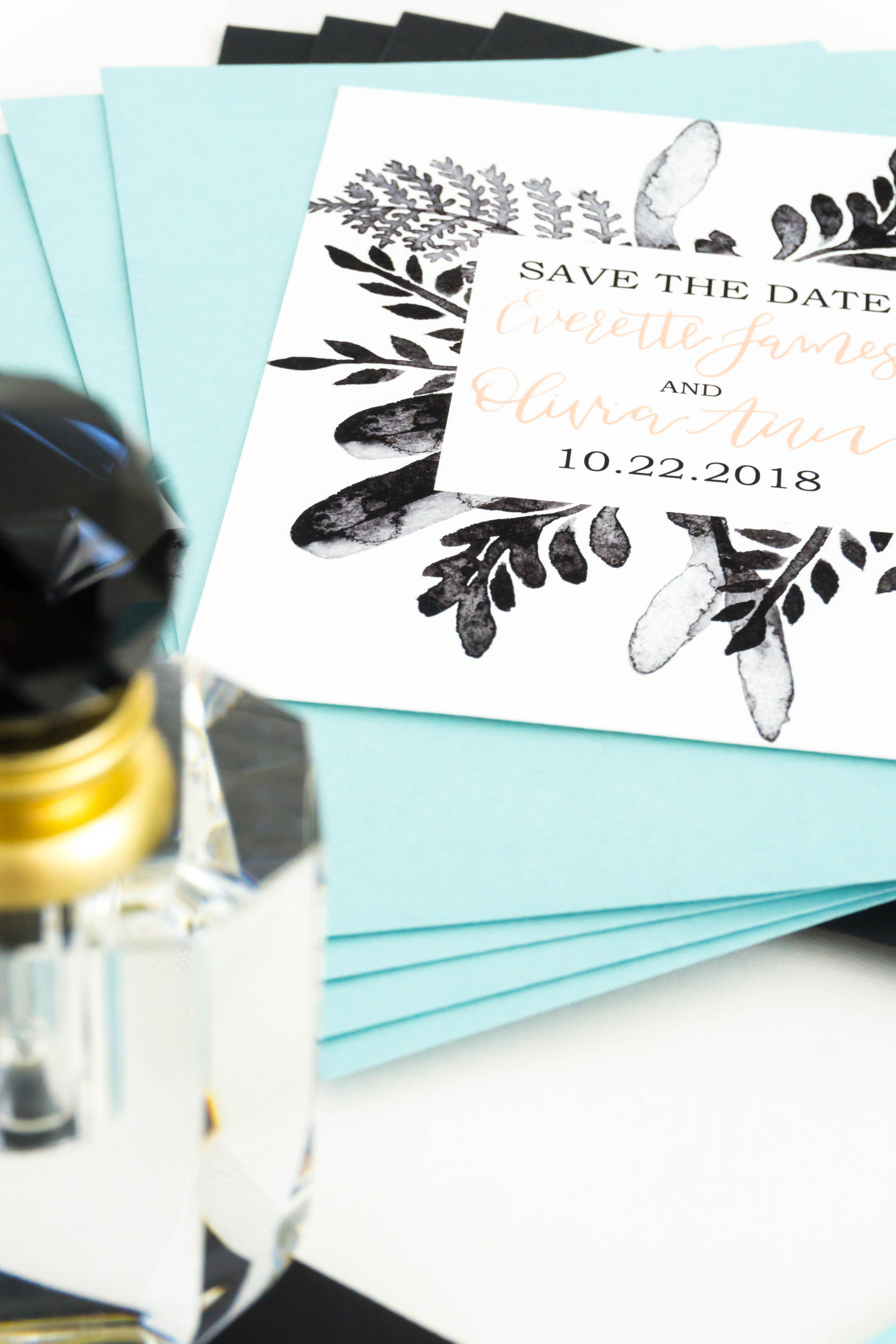 love-fern-design-studio-custom-wedding-invitations-for-the-modern-couple-modern-calligraphy-in-seattle-washington-custom-wedding-stationery-black-watercolor-save-the-date-teal-envelopes