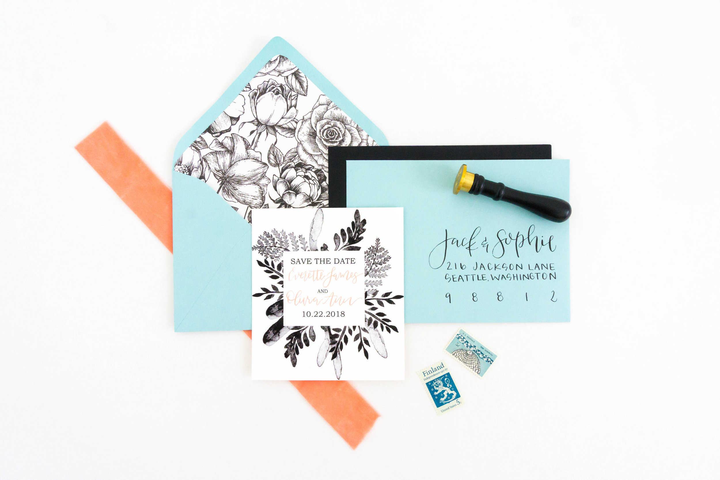 love-fern-design-studio-custom-wedding-invitations-for-the-modern-couple-modern-calligraphy-in-seattle-washington-custom-wedding-stationery-black-watercolor-save-the-date-teal-envelopes-floral-liner