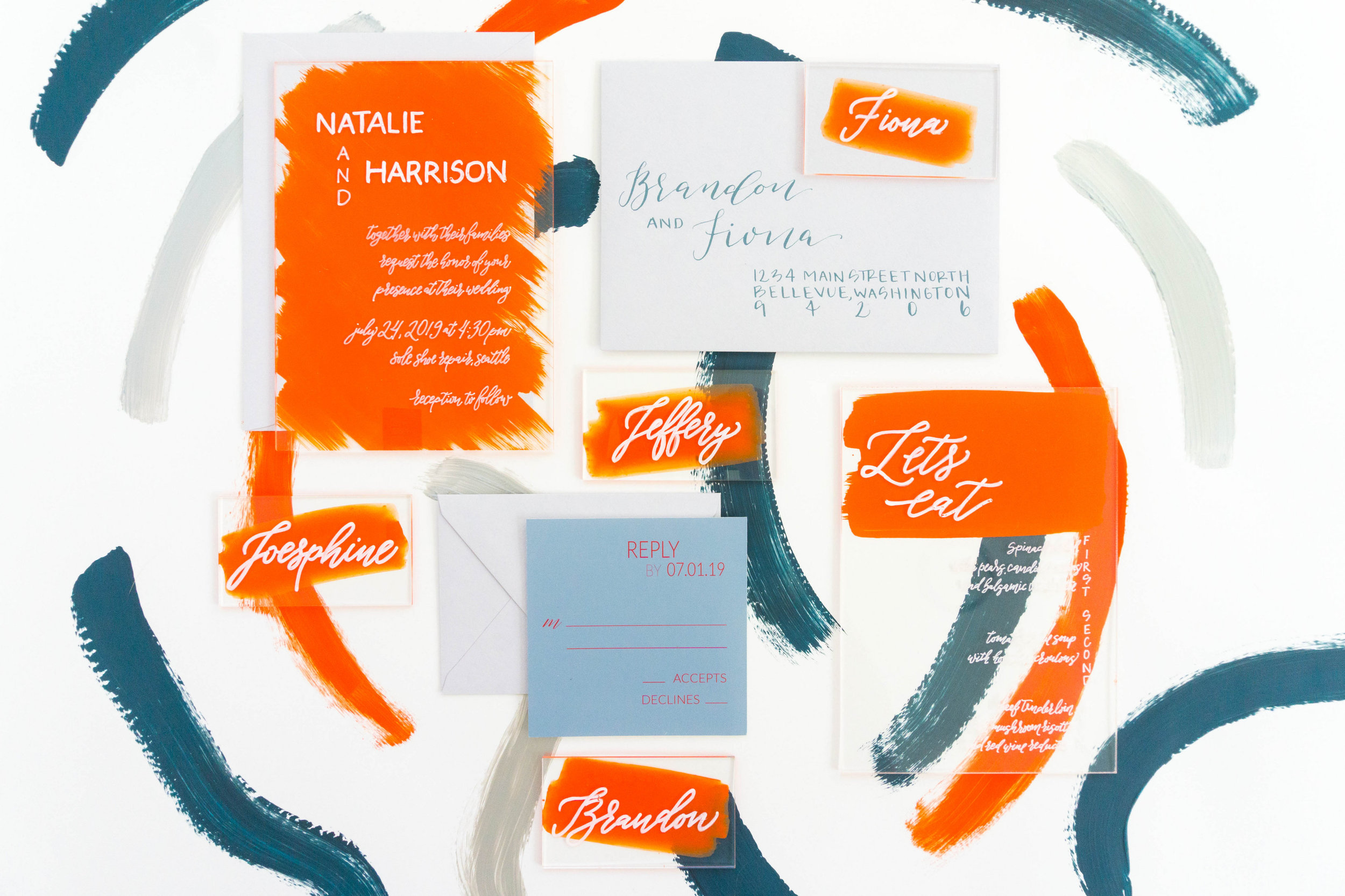love-fern-design-studio-custom-wedding-invitations-for-the-modern-couple-modern-calligraphy-in-seattle-washington-custom-wedding-stationery-orange-acrylic-invitation-suite-acrylic-menu