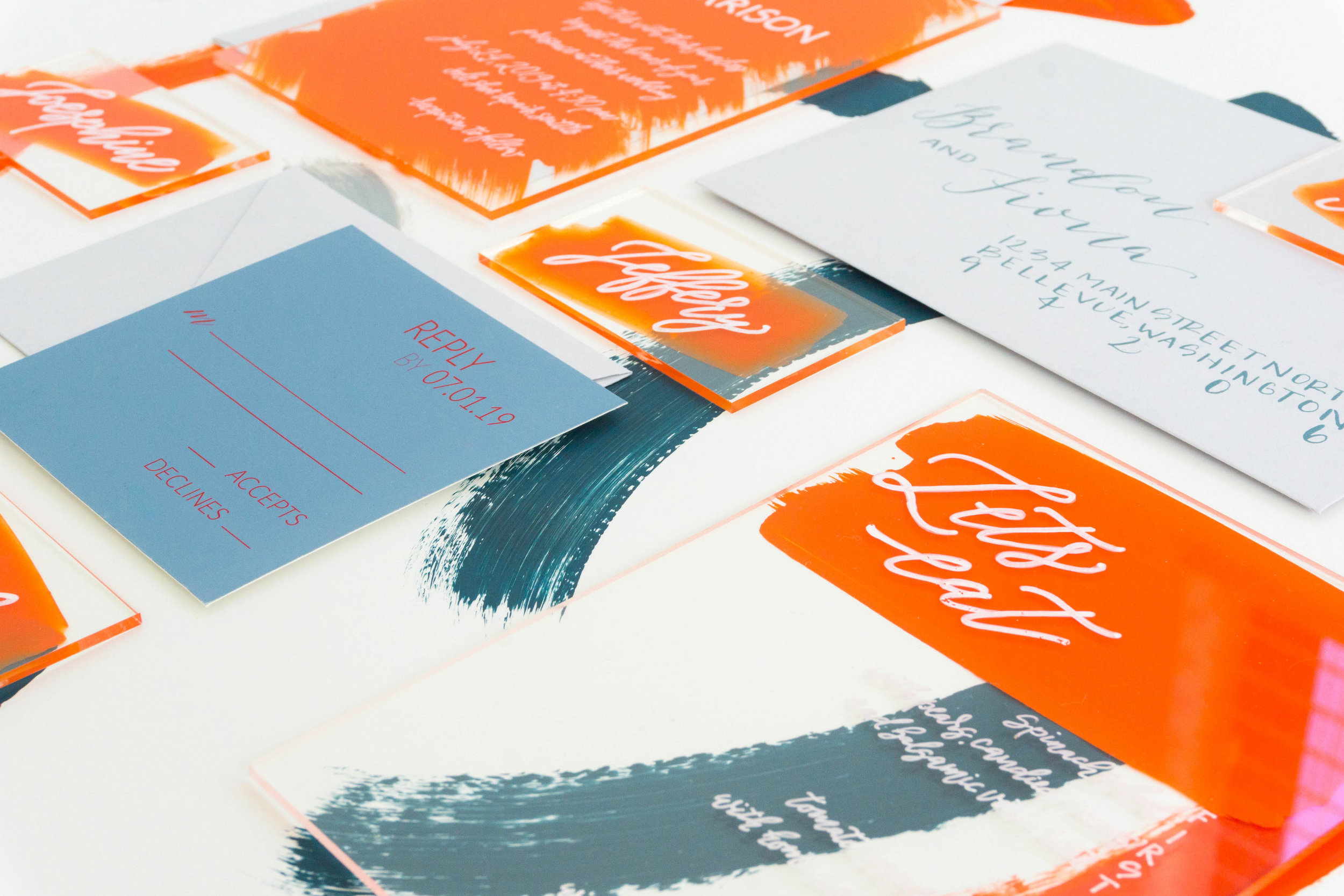 love-fern-design-studio-custom-wedding-invitations-for-the-modern-couple-modern-calligraphy-in-seattle-washington-custom-wedding-stationery-orange-acrylic-invitation-suite-acrylic-menu-and-place-cards