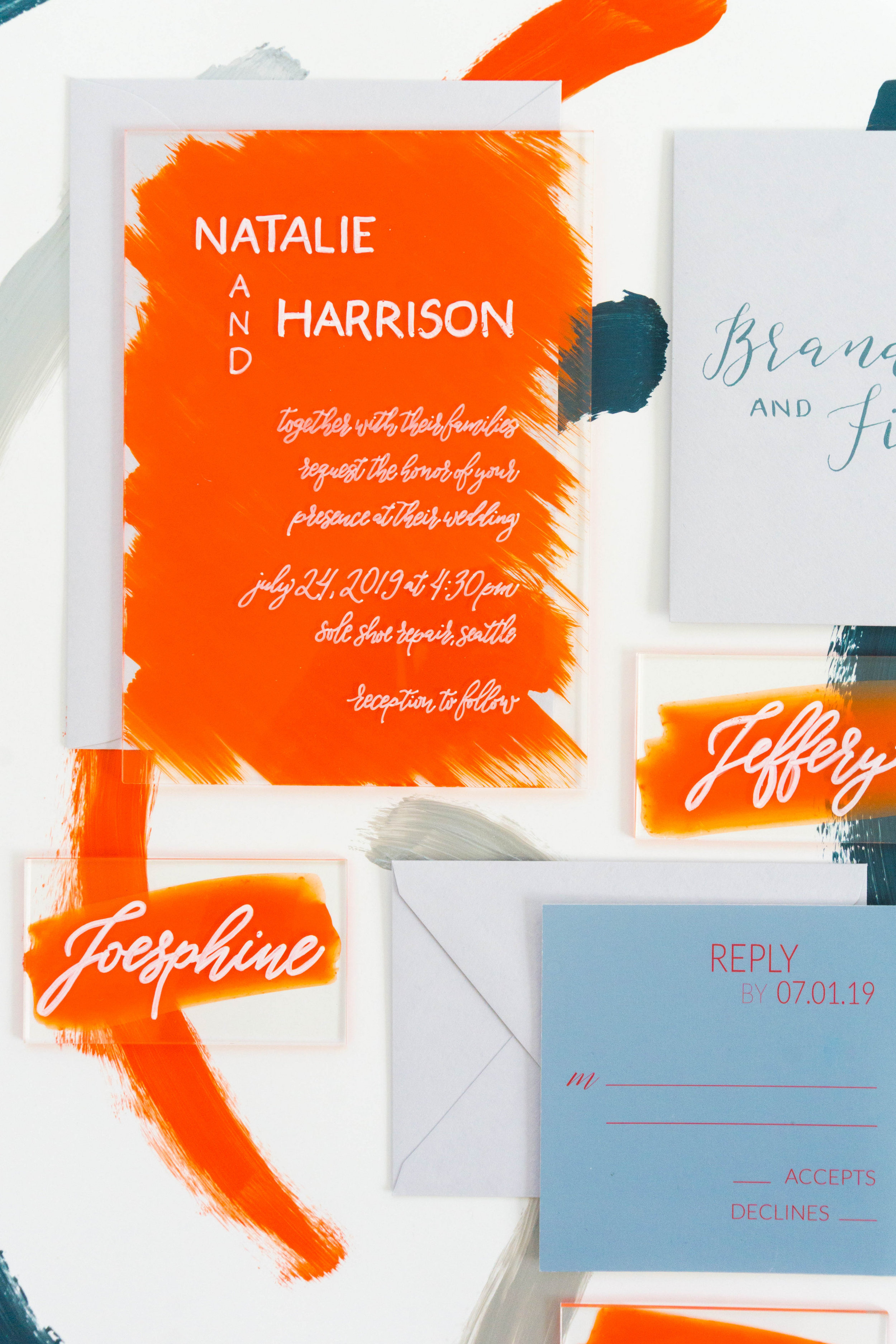 love-fern-design-studio-custom-wedding-invitations-for-the-modern-couple-modern-calligraphy-in-seattle-washington-custom-wedding-stationery-orange-acrylic-invitation-suite-acrylic-menu-and-place-cards