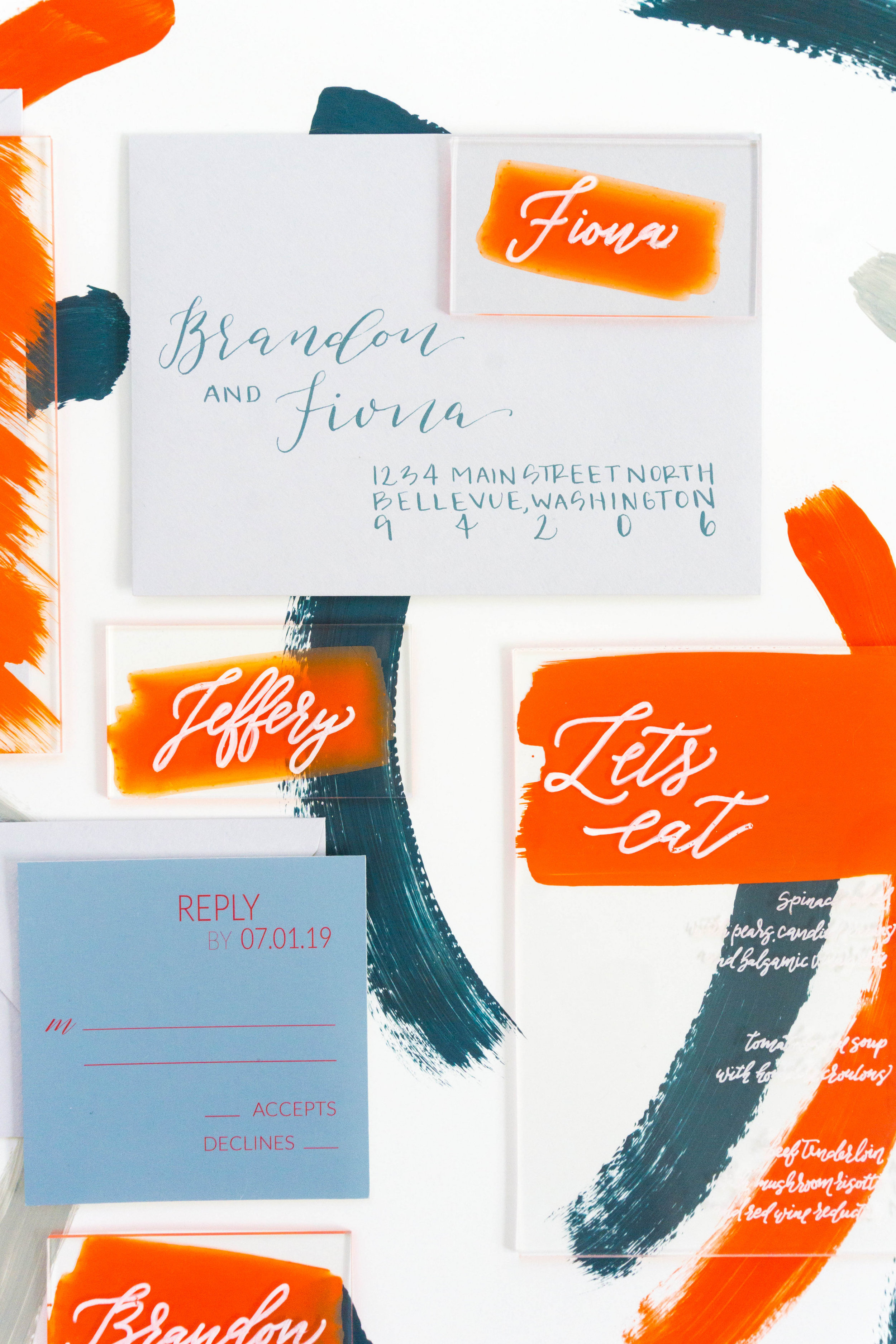 love-fern-design-studio-custom-wedding-invitations-for-the-modern-couple-modern-calligraphy-in-seattle-washington-custom-wedding-stationery-orange-acrylic-invitation-suite-acrylic-menu-and-place-cards
