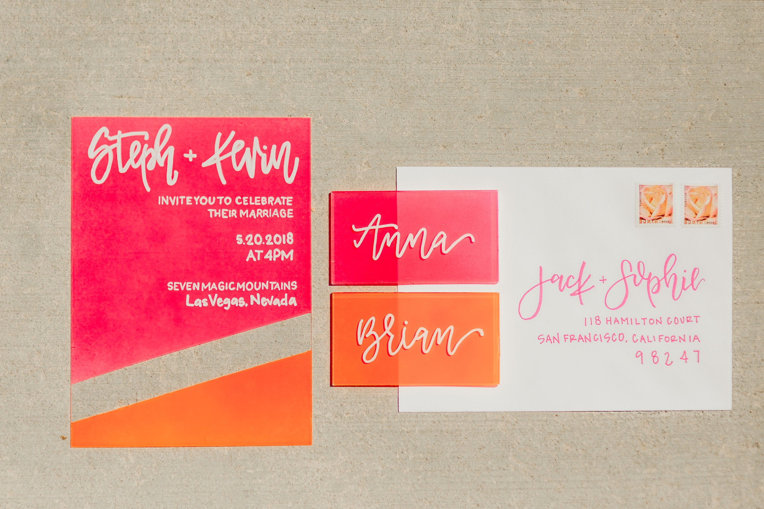 love-fern-design-studio-custom-wedding-invitations-for-the-modern-couple-modern-calligraphy-in-seattle-washington-custom-wedding-stationery-orange-pink-neon-acrylic-invitation-acrylic-place-cards
