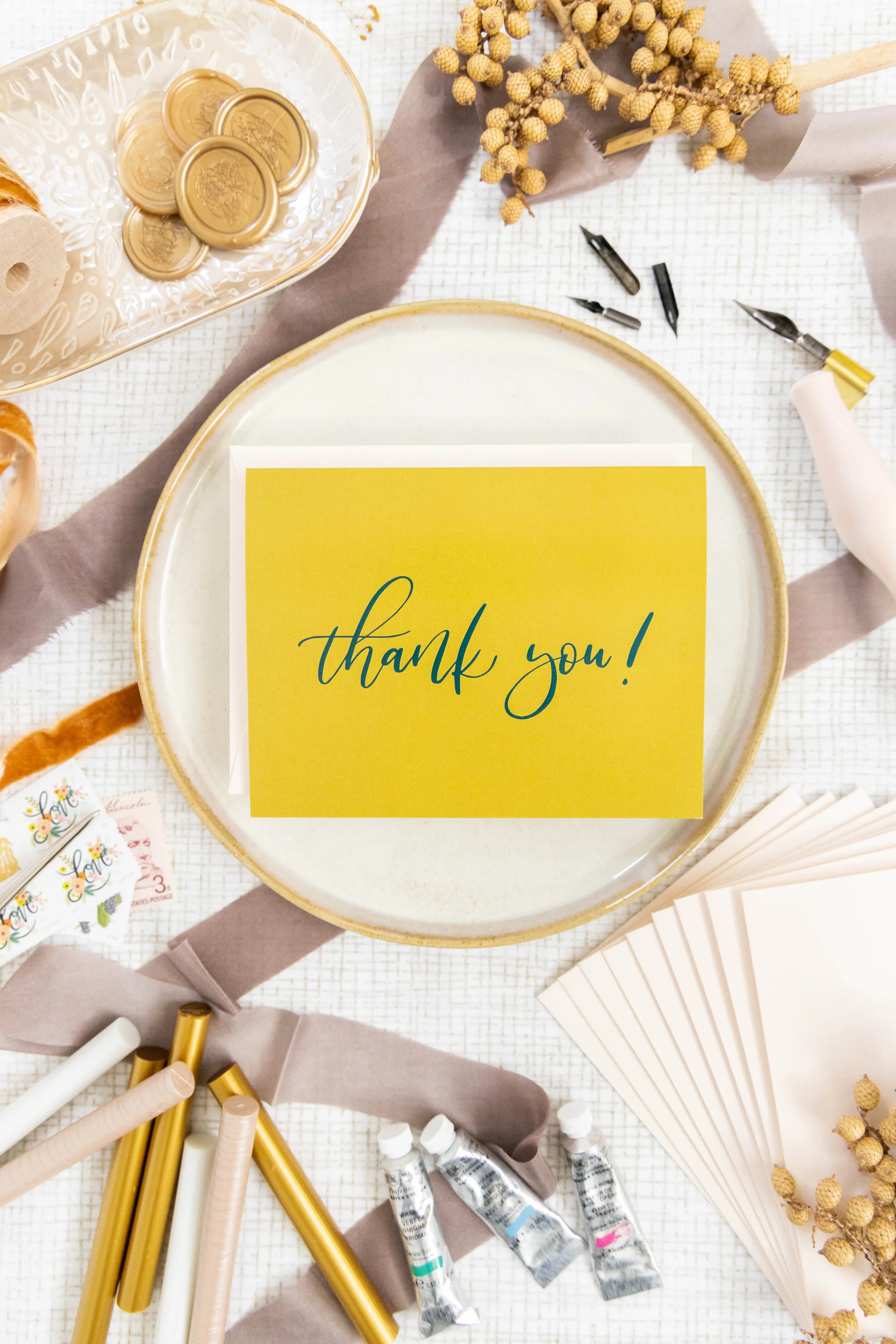 Clean and Modern Yellow and Teal Thank You Cards with Modern Calligraphy