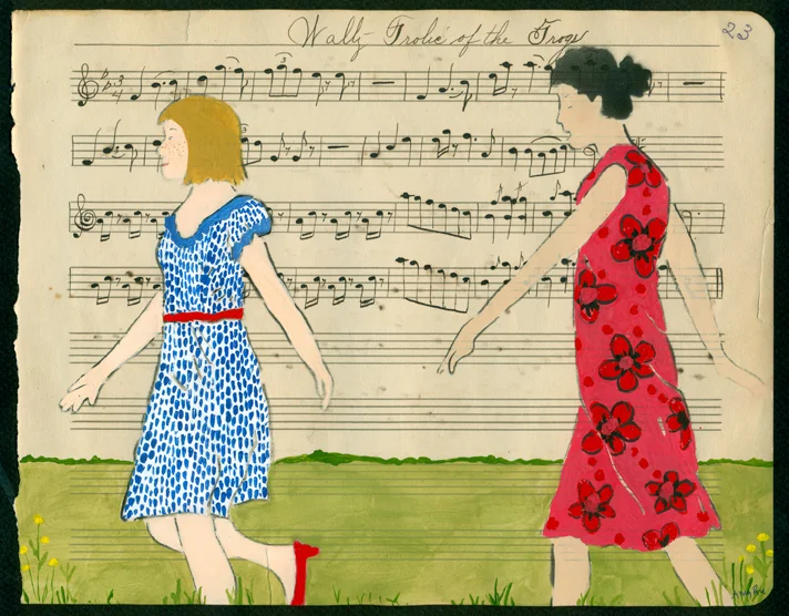 Frolic of the Frogs Enamel, Gouache and Ink On Handwritten Antique Sheet Music 9.5” x 7.5” 400. framed