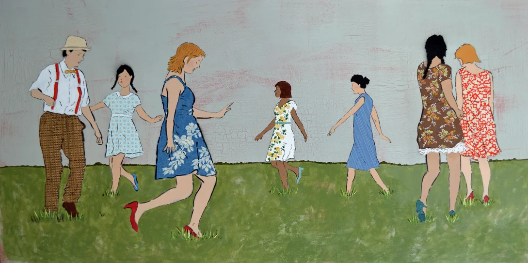 Summer Cakewalk Enamel, Acrylic, Ink, Antique Wallpaper 16" x32" 1200. framed