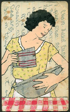 Sifter Hand Painted Gocco Print (Gouache and Ink) On Antique Recipe Card 3” x 5” 350.