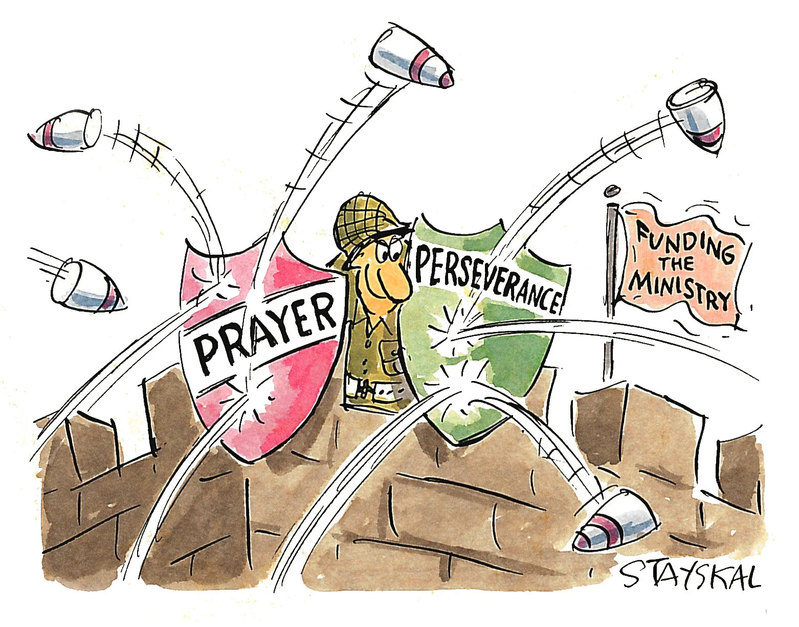 A man stands on a castle wall with shields that say prayer and perseverance, signifying that prayer protects against weapons in fundraising