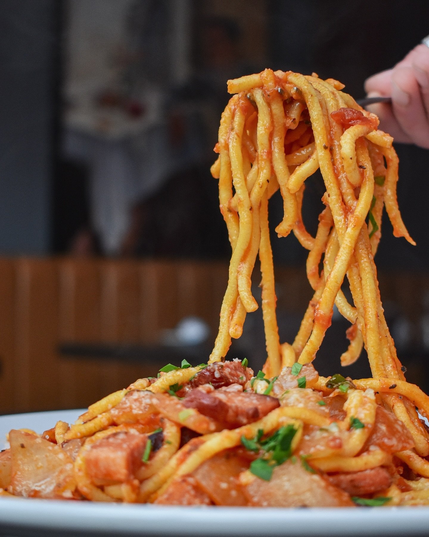 Our Maccheroni Amatriciana is a delicious Italian dish with house made spaghetti chitarra with pancetta, pecorino, red pepper flakes, onion and crushed tomato sauce 🍝 
#Italiandish #spaghetti #foodiefinds #familyowned #localrestaurant