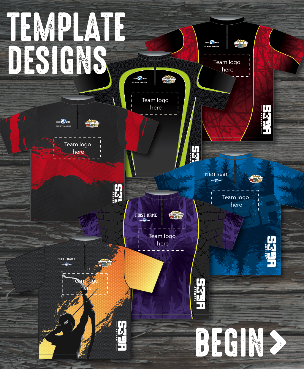 TEMPLATE DESIGN METHOD: Save time and money by adapting an existing design template. We'll incorporate your team logo, color and custom names. Choose from an existing selection of graphics for the background of your shirt. With this option, your setup is a flat $60 for the order. Begin