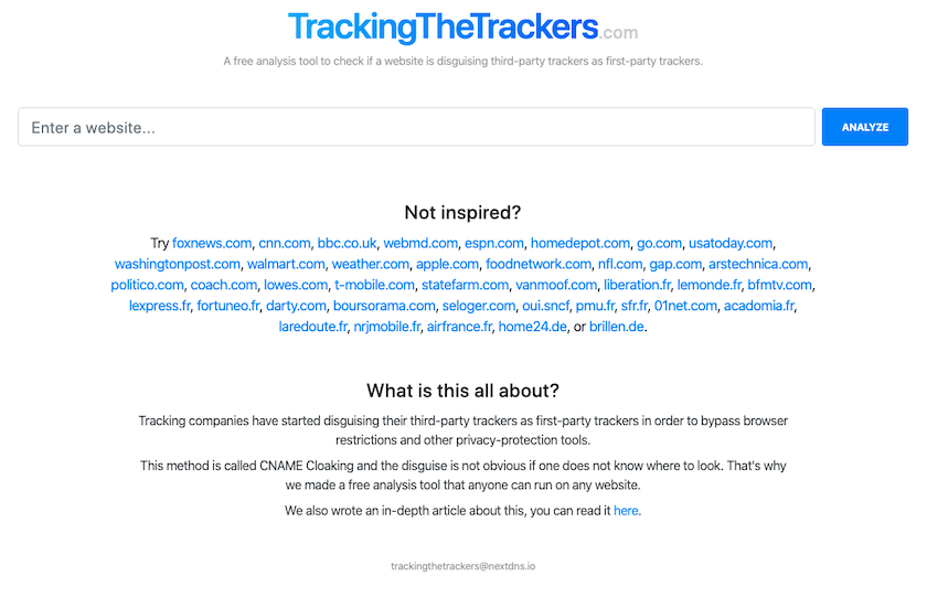 The subterfuge of the listed domains is also evident in many of your favorite destinations. Test it for yourself at  https://trackingthetrackers.com/