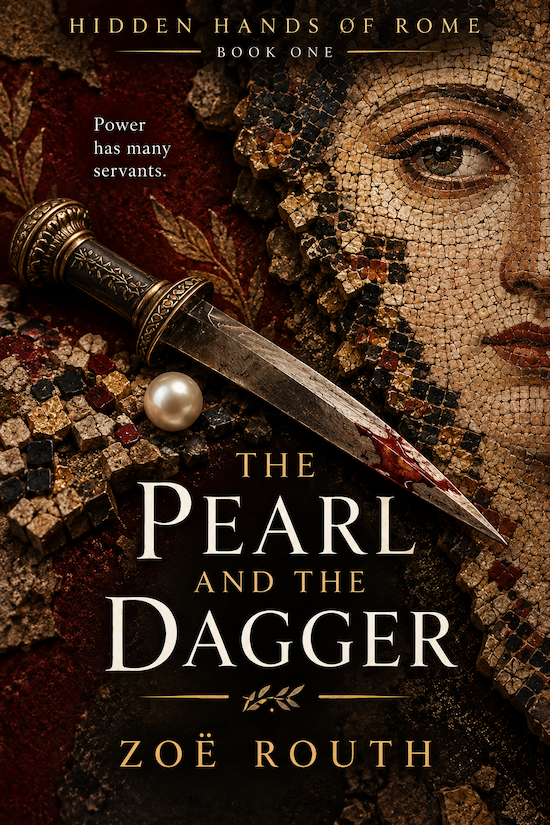 crumbling roman mosaic with a dagger a pearl and a woman's face