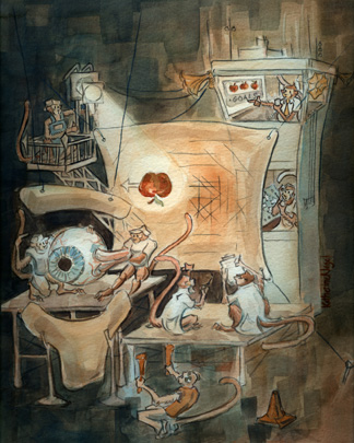 The illustration above schematizes what goes on in a monkey’s brain as it tracks a moving object. It is an original watercolor done by Katherine Nagel , and was chosen as the cover of the journal when the paper was published.