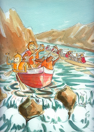 The illustration above uses monkeys to schematize two possible ways that populations of neurons might work together: either a large number of coordinated neurons, rowing together, or a small number in a rowboat, each doing its own thing. It is an original watercolor by Katherine Nagel.