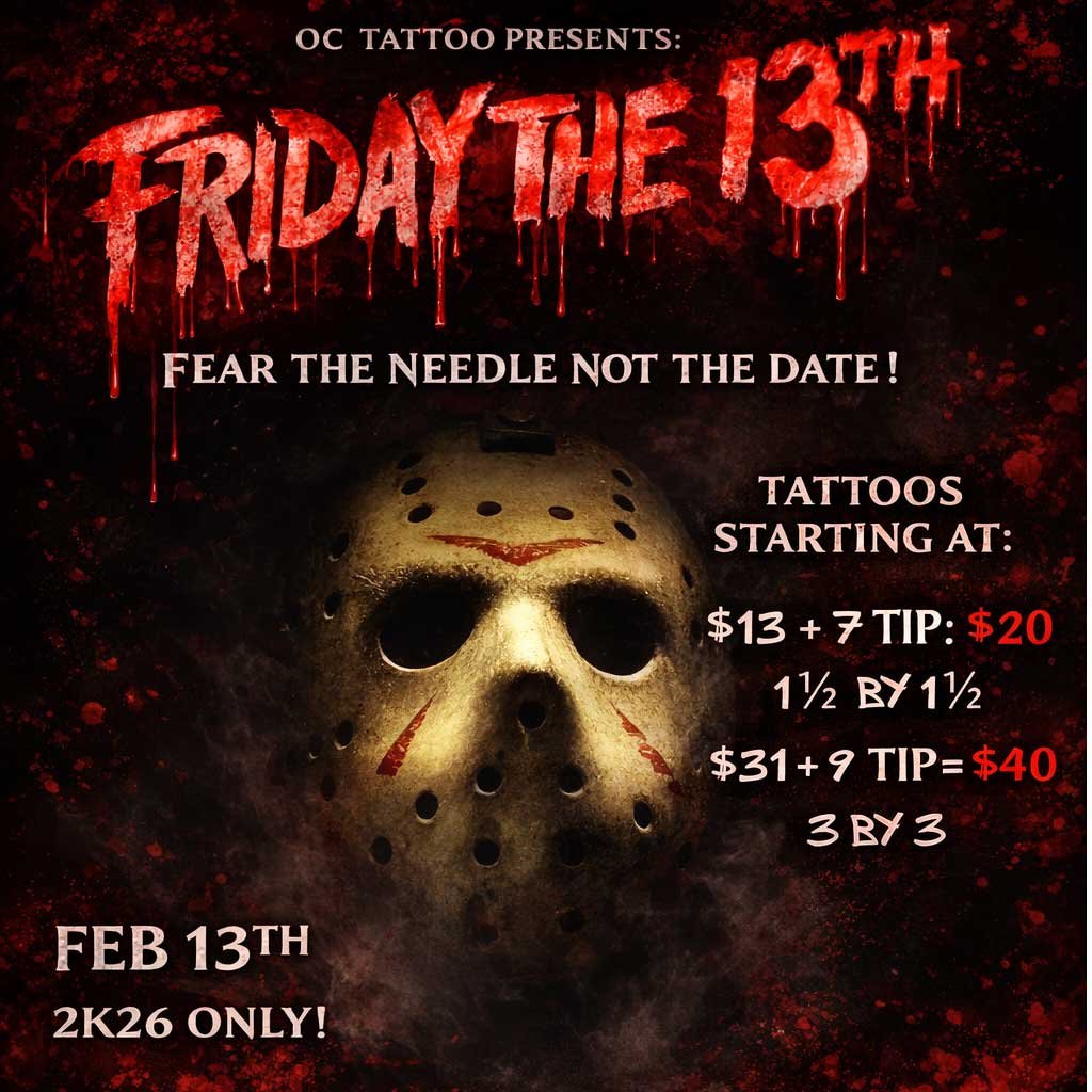 Friday the 13th Tattoo Flash Event at OC Tattoo, Tattoos Start at $13 with a $7 Tip