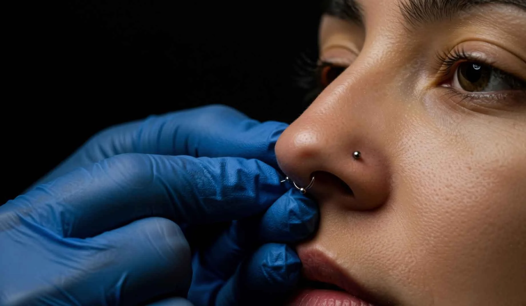 Close-up of a woman with brown eyes and piercings on her nose and nostril, receiving a tattoo or piercing injection from a person wearing blue gloves.