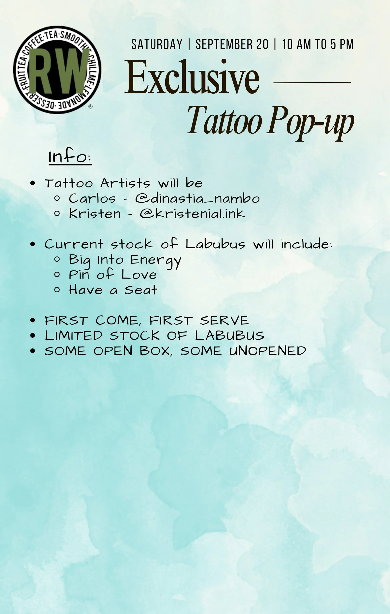 * September 20, 2025 OC TATTOO and Roasting Water will be doing Labubu tattoos