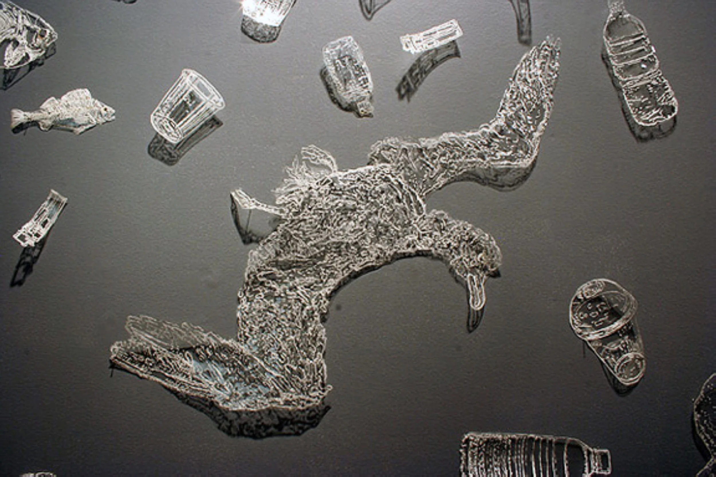 21st Century Albatross (detail of Installation, engraving on recycled plastic