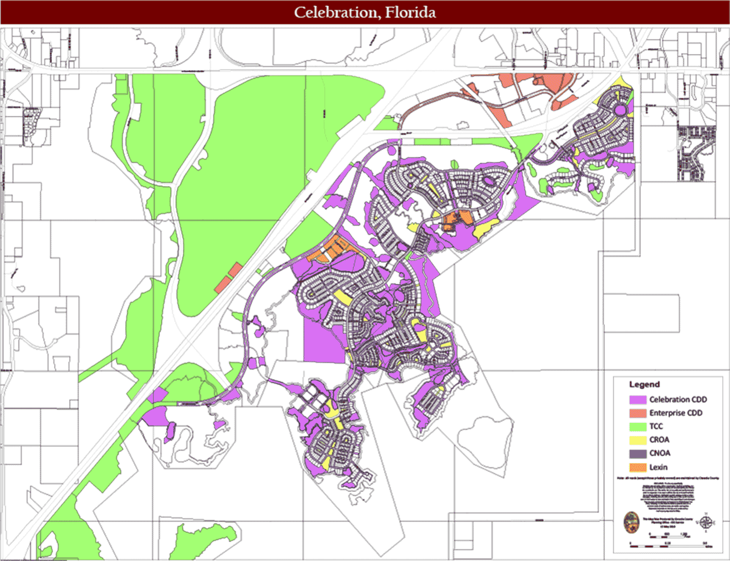 Celebration Area Responsibility Map as of 2010 Alphabet Soup Defined: TCC - The Celebration Company (aka Disney) • CROA - Celebration Residential Owners Association • CNOA - Celebration Non-Residential Owners Association • Lexin is the company that owns most of the downtown business properties. Most roads in Celebration are owned and maintained by Osceola County