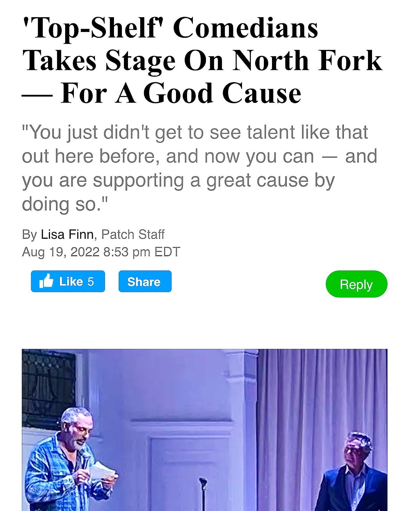 Thank you @lisanorthfork for the great write-up in @longislandpatch about the shows we are doing out here with @castnorthfork!!!!! Only a few tickets left for @rachelfeinstein_ @erinmaguireofficial and @morningguysteve tonight folks! Come thru, laugh