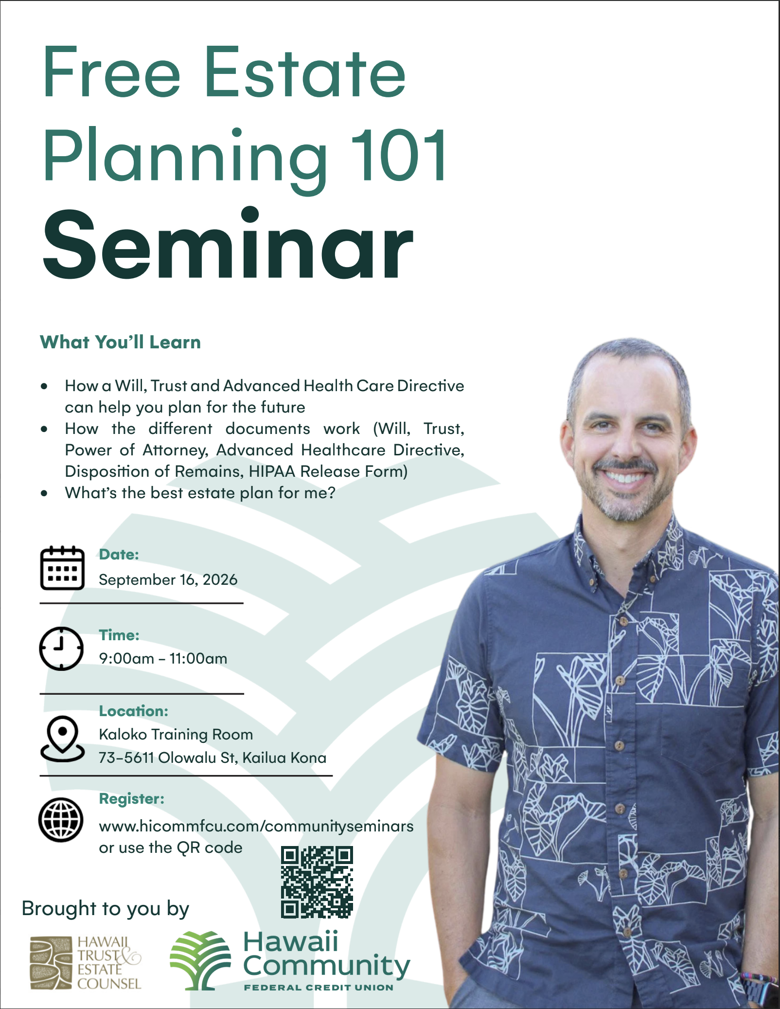 Cutout of male smiling with short hair and an aloha shirt on right as text about Estate Planning Seminar is on left.