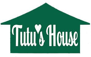 Green House outline, filled with hunter green, enclosed are "Tutu's House" inside house in white