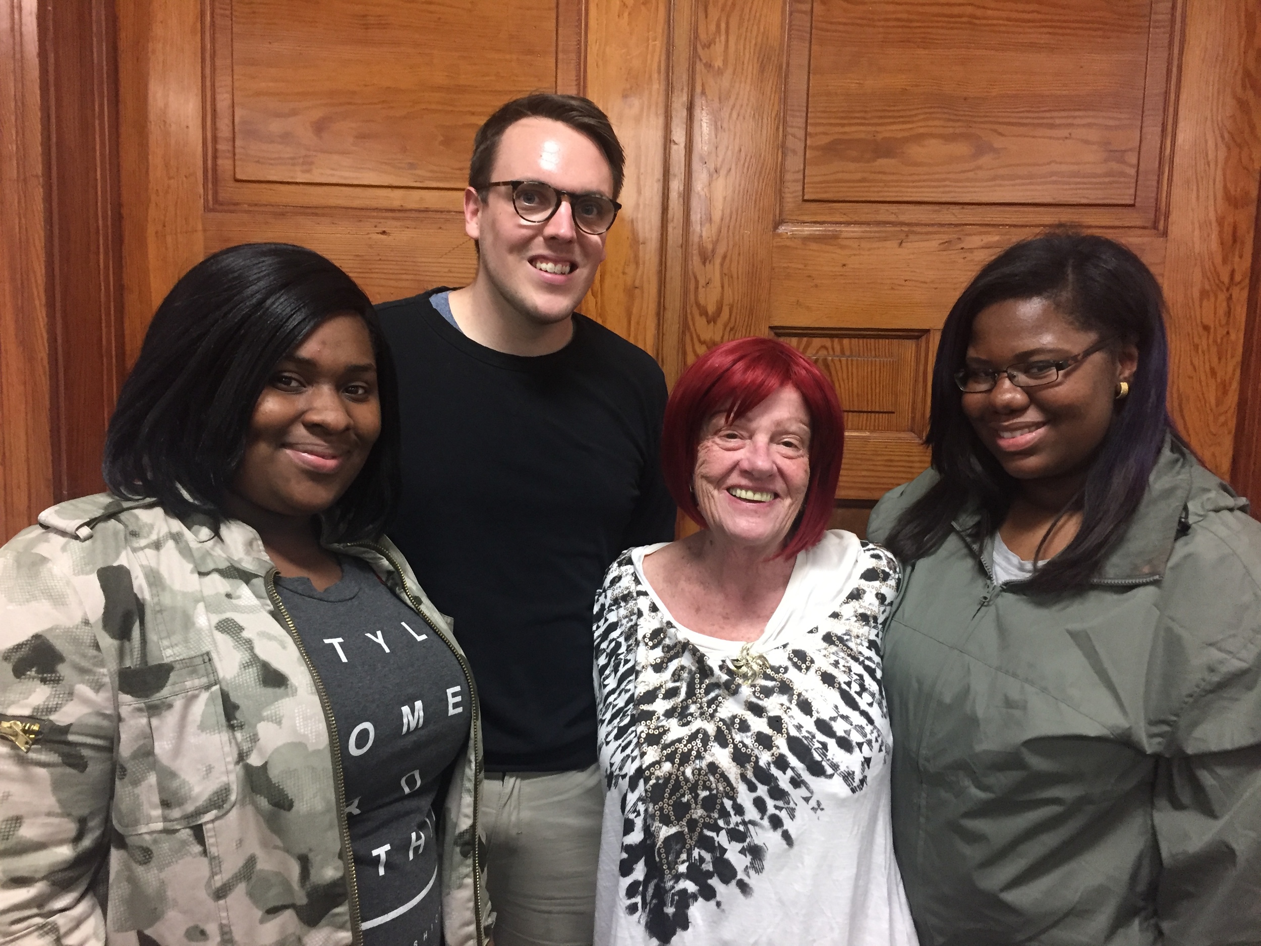 From left to right, poet presenters Shakira Johnson, Sandra Cornwell, and Salyndrea Jones. Charlie Barlow is in the back.