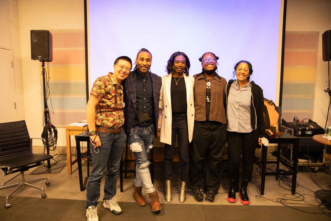  Oral History Archive &amp; Corps Manager&nbsp;Liú Méi-Zhì Huì Chen, panelist Troy Gaston, panelist Ammie Kae Brooks, panelist and mixtape curator jellystone robinson, and event co-host Eve L. Ewing pose for a phone after the event. 