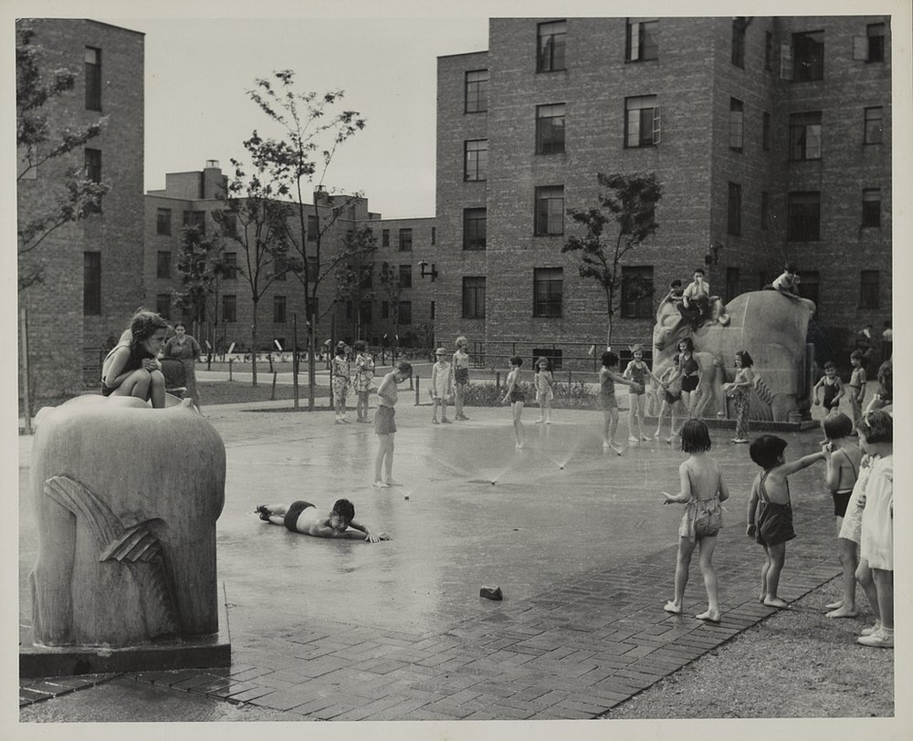  Historic images of people engaging with sculptures at the Jane Addams Homes Animal Court Playground.  