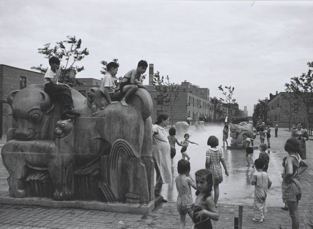  Historic images of people engaging with sculptures at the Jane Addams Homes Animal Court Playground.  