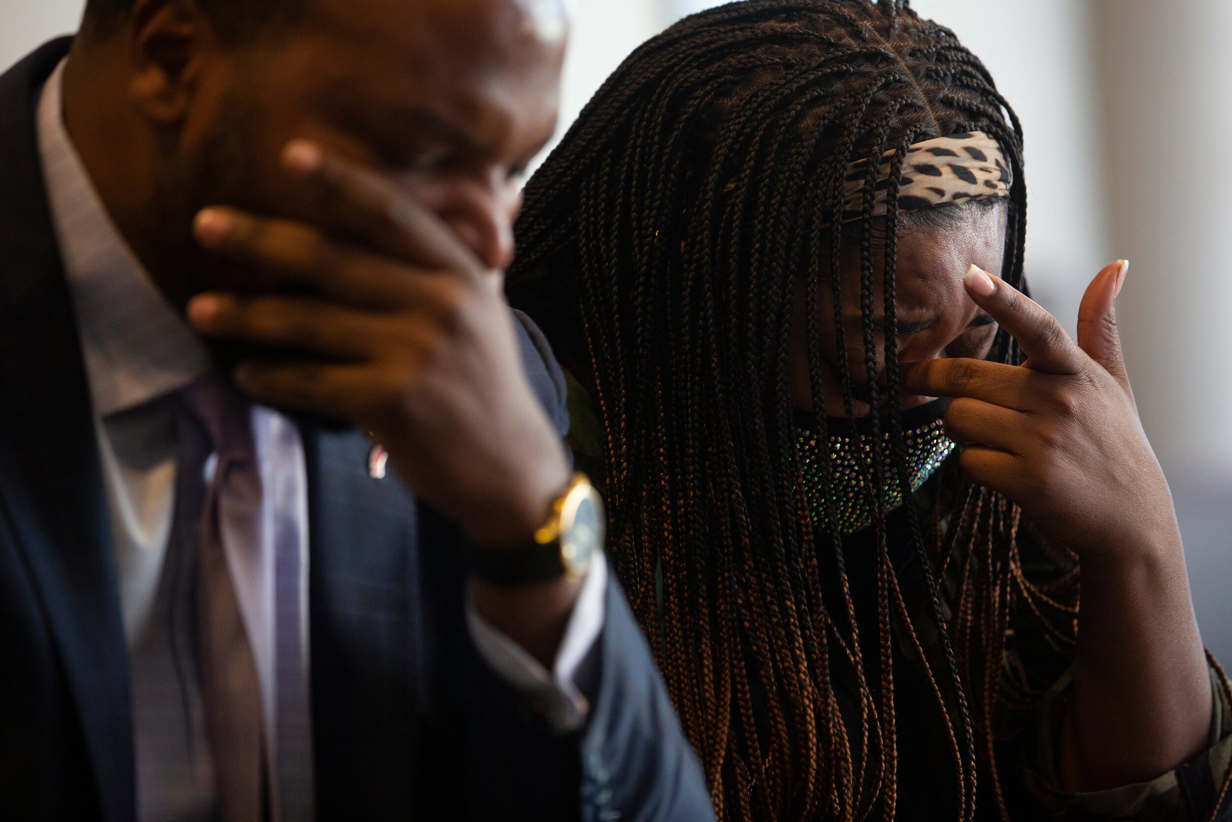  Attorney Lee Merritt and LaChay Batts show disbelief and sadness after rewatching the press conference Collin County Sheriff Jim Skinner held on Friday, March 19, 2021 over the death of Marvin Scott III. Friends, family, and the family’s attorney we