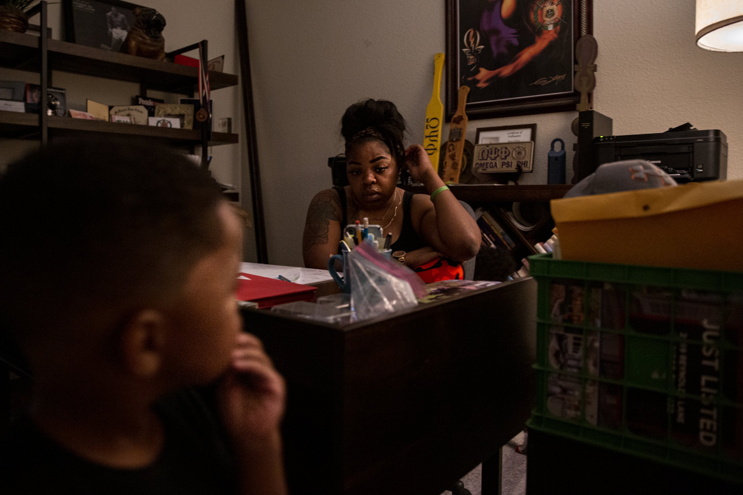  LaChay Batts participates in a zoom meeting at her friend’s home to discuss demonstration tactics on April 26, 2021. As a single mother of two boys, LaChay balances parenting and working a full-time job with the taken-on responsibility of leading th