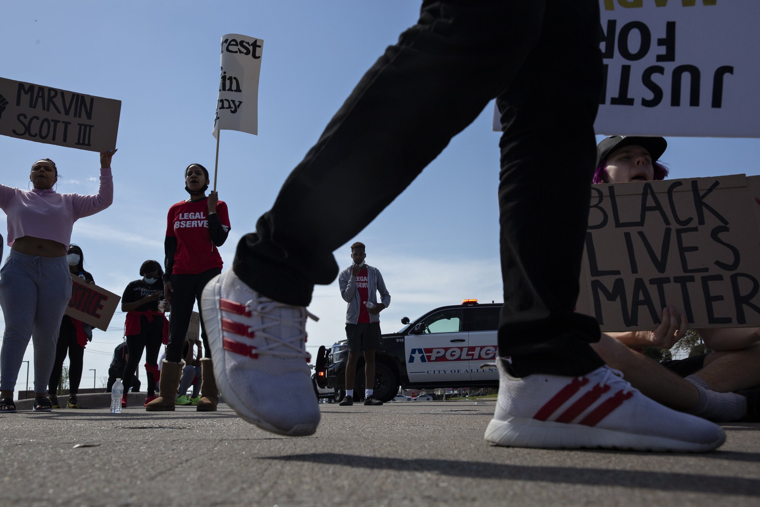  Demonstrators block the intersections outside of the Allen Outlets while demanding justice for Marvin. 