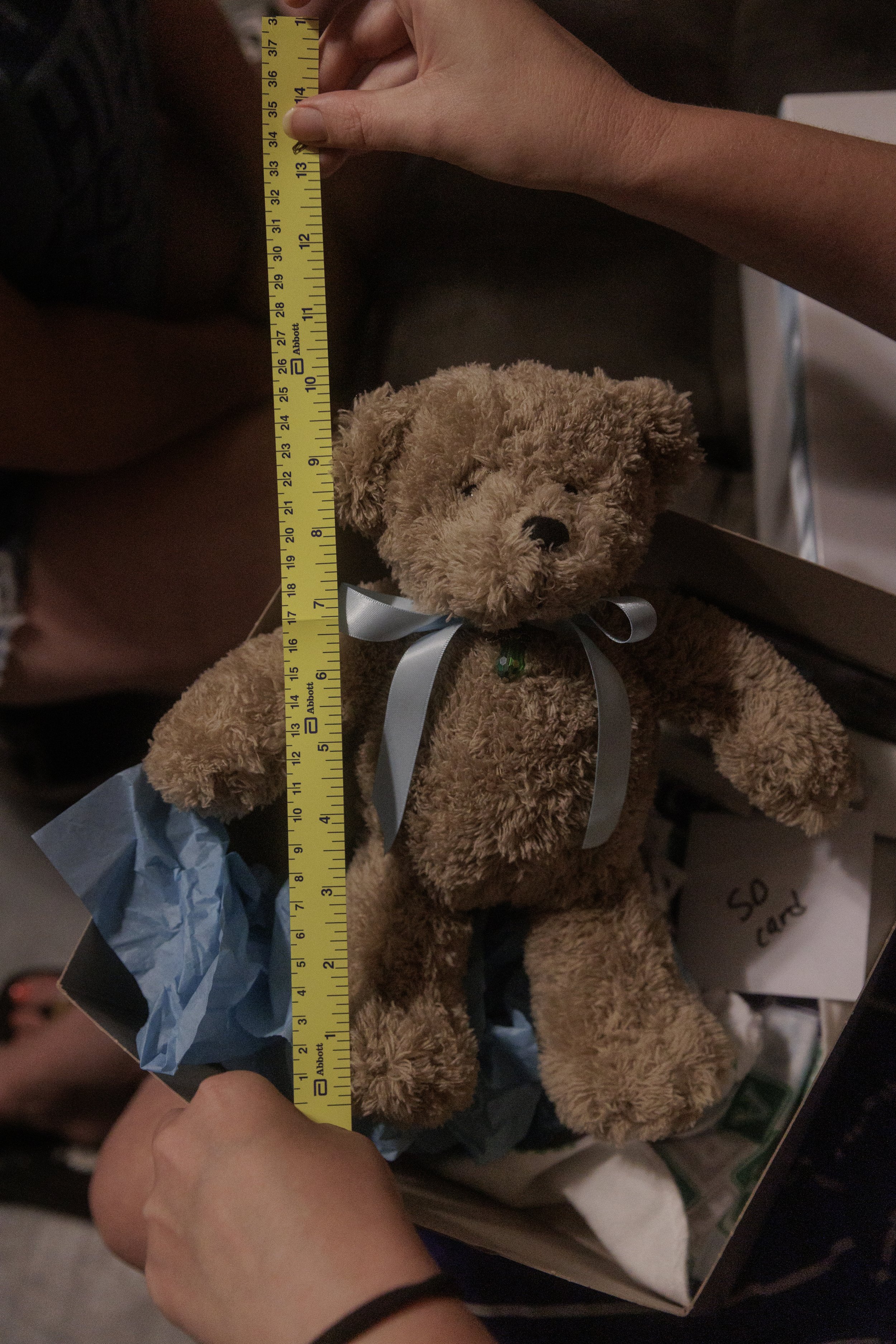  As Angela Langley, grandmother of the twins, walks family members and loved ones through the day of the twins’ birth and death, they measure the bears given to them by the hospital and realize the bear is the same length as Perseus, 11.5 inches.  