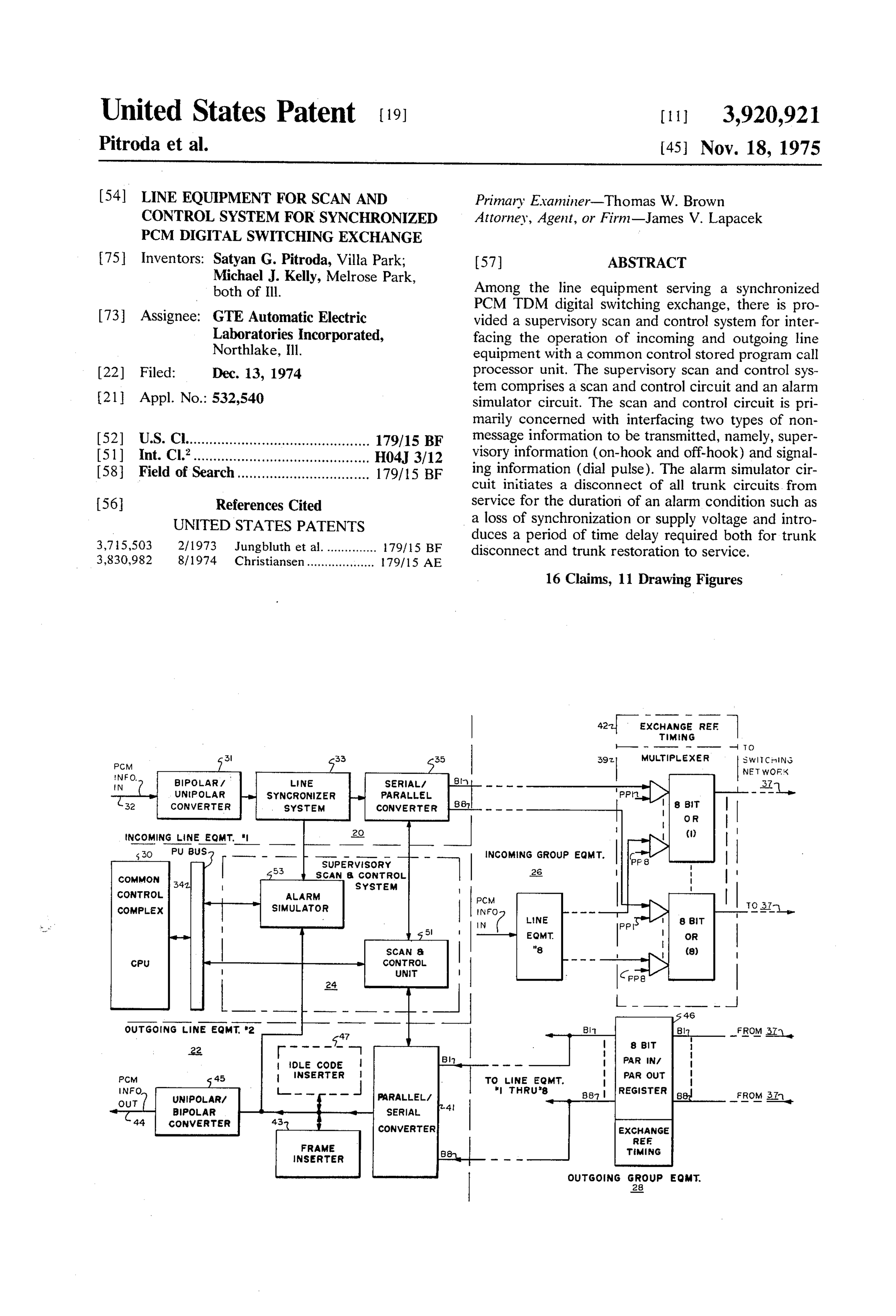 US3920921 Line equipment for scan and control system for synchronized PCM digital switching exchange.jpg