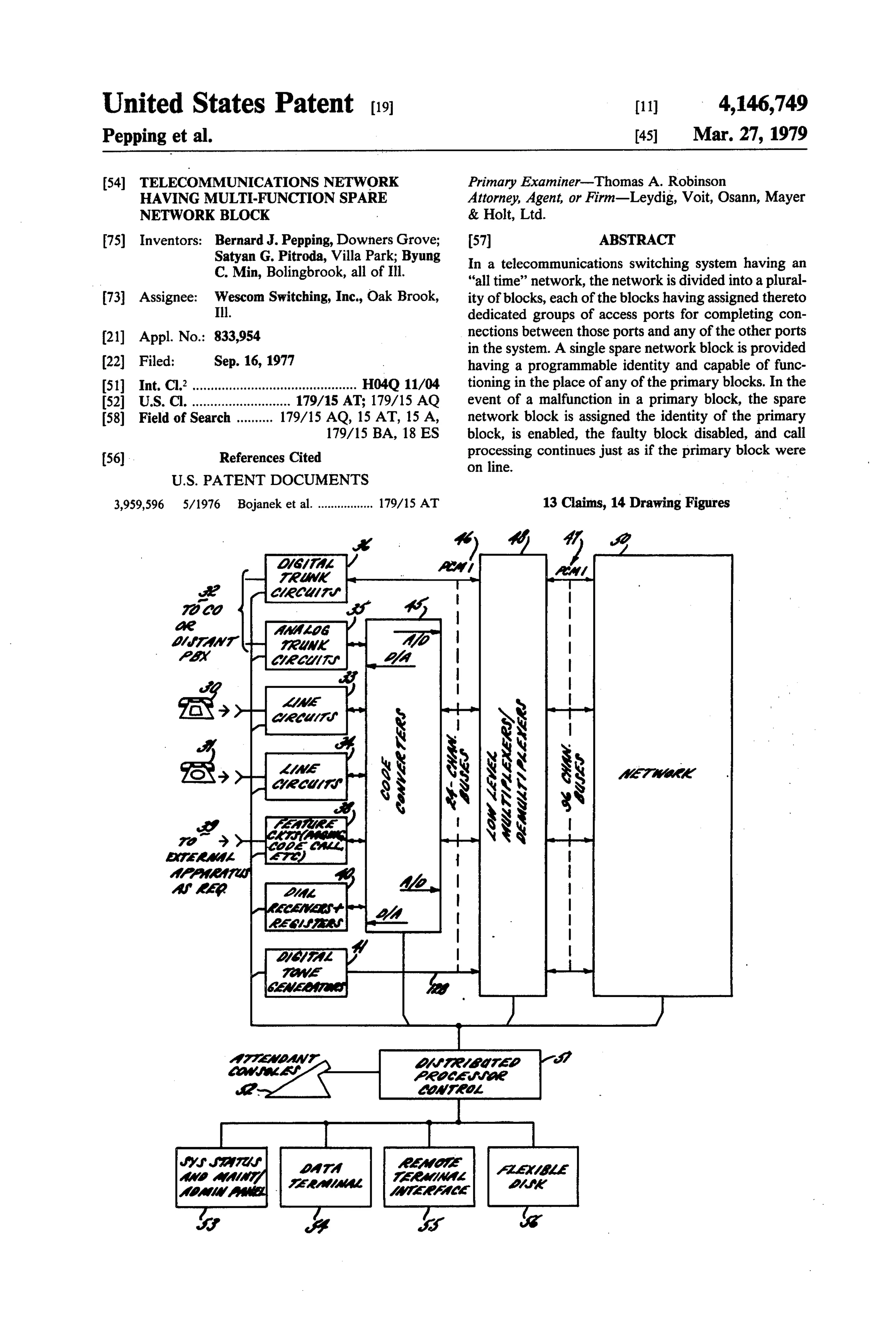 US4146749 Telecommunications network having multi-function spare network block.jpg