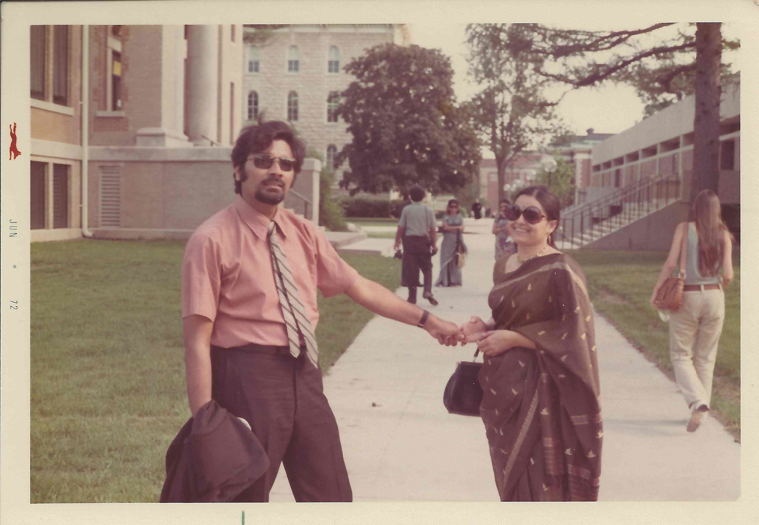 Sam and Anu at college campus, 1972