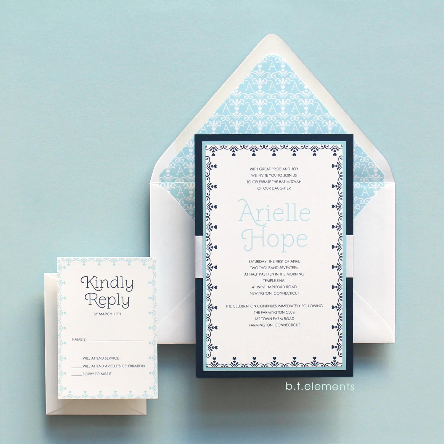 Arielle's Bat Mitzvah Invitation, 2017 Store: Lettres in Avon, CT