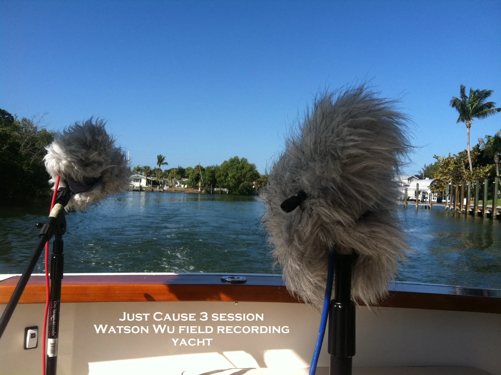 Field recording a large yacht. A total of 7 mics were used to capture sounds from the engine room etc areas. These rear mics were used to capture water churning sounds.