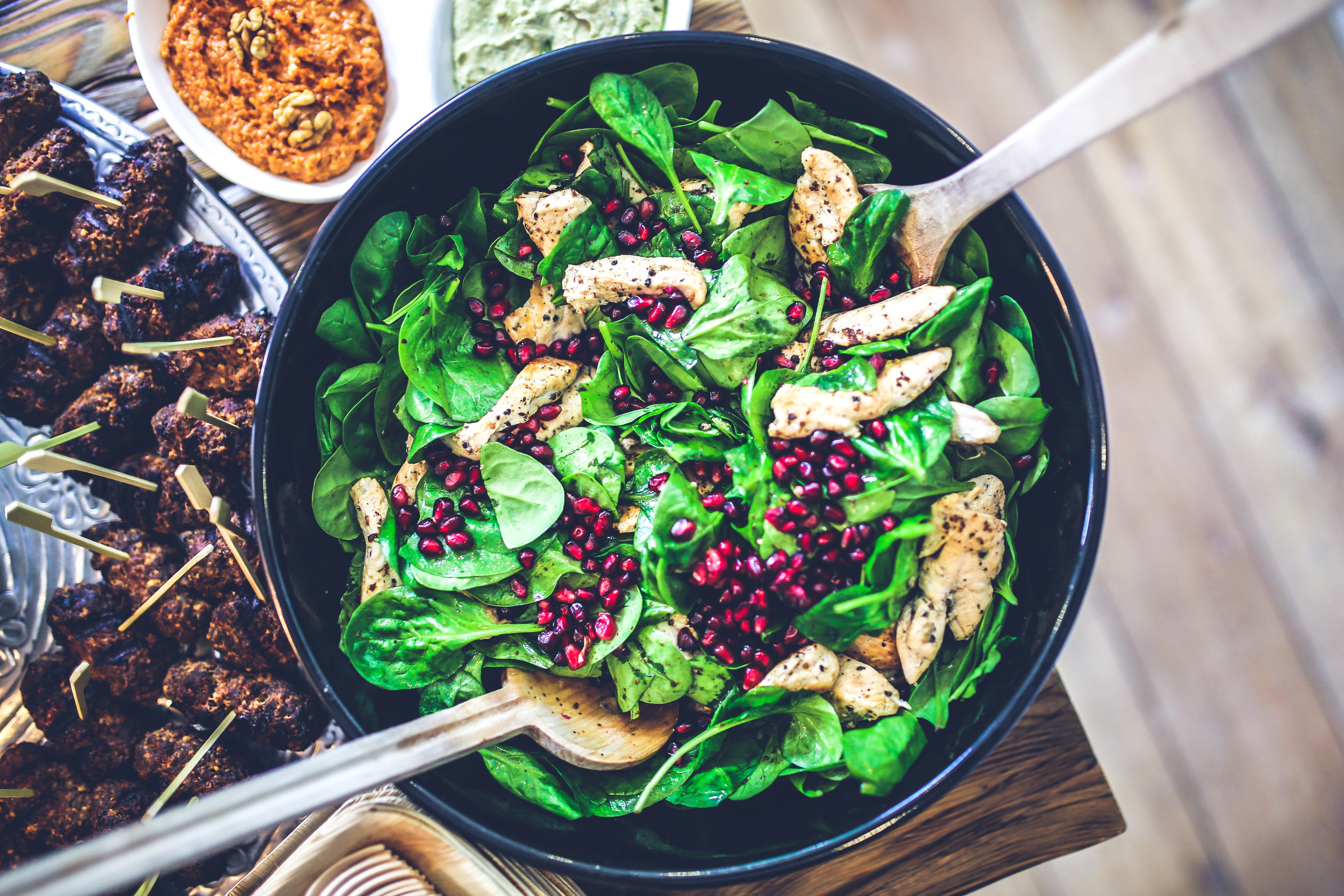  Photo by Kaboompics // Karolina from Pexels  https://www.pexels.com/photo/spinach-chicken-pomegranate-salad-5938/  