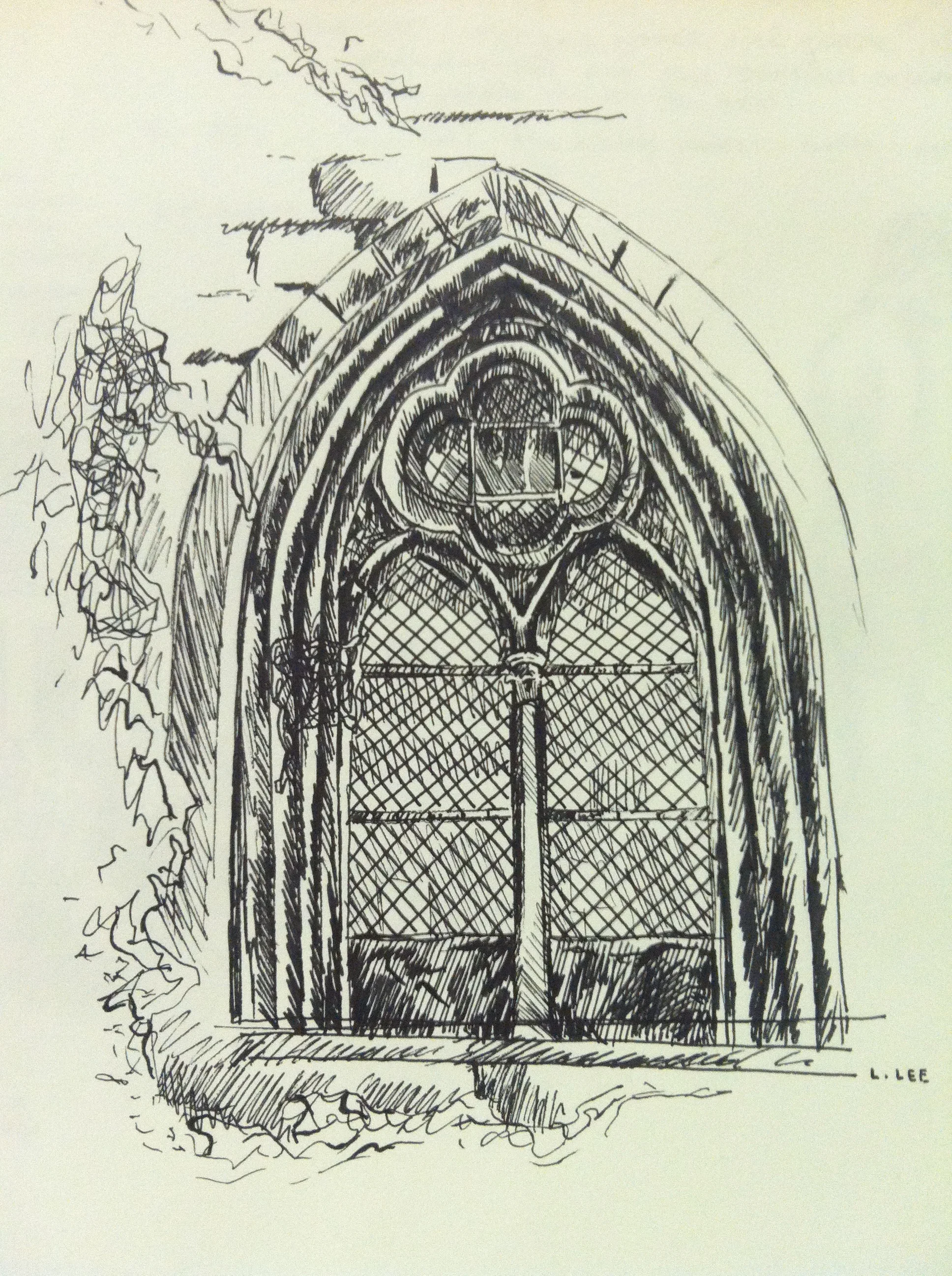  France Sketchbook, Senlis Cathedral Exterior Window, ink on paper, 2002 