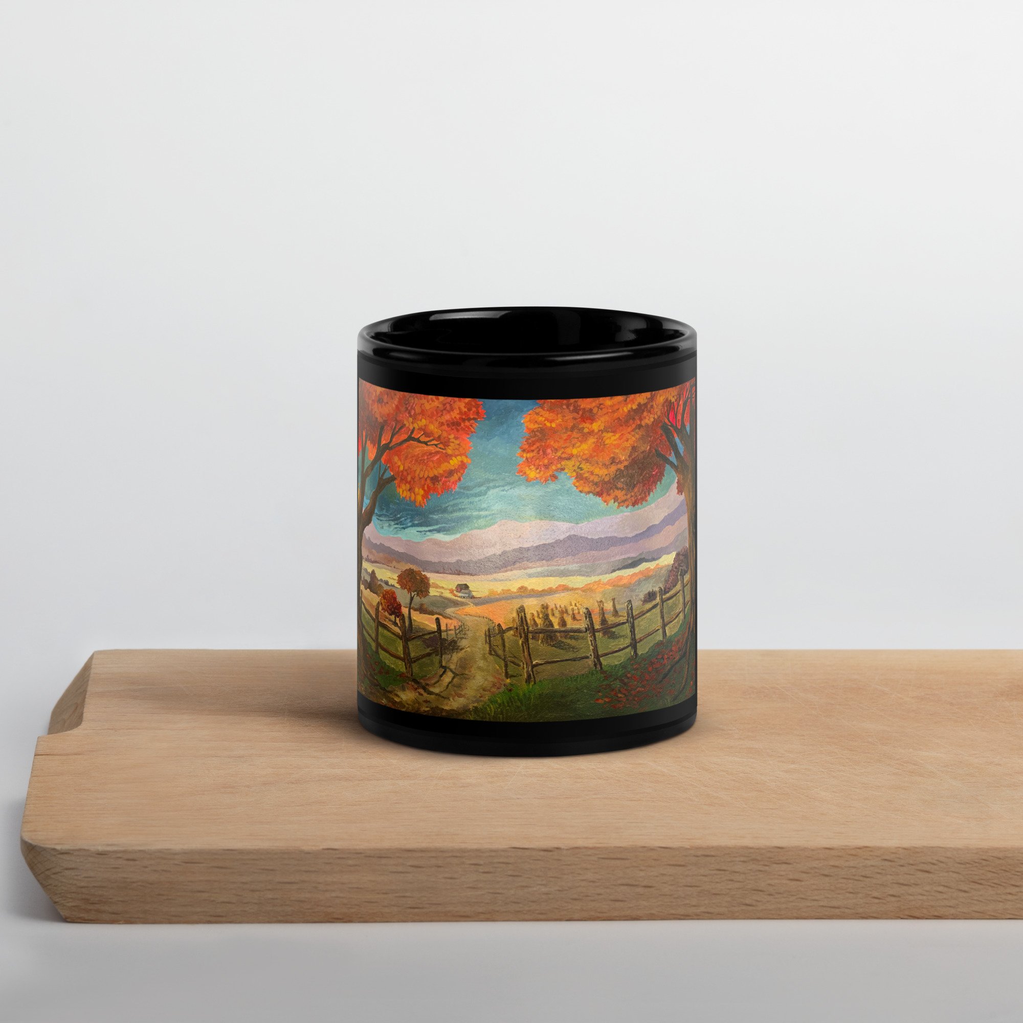 Sleepy Hollow Mural Autumn Landscape Black Glossy Mug