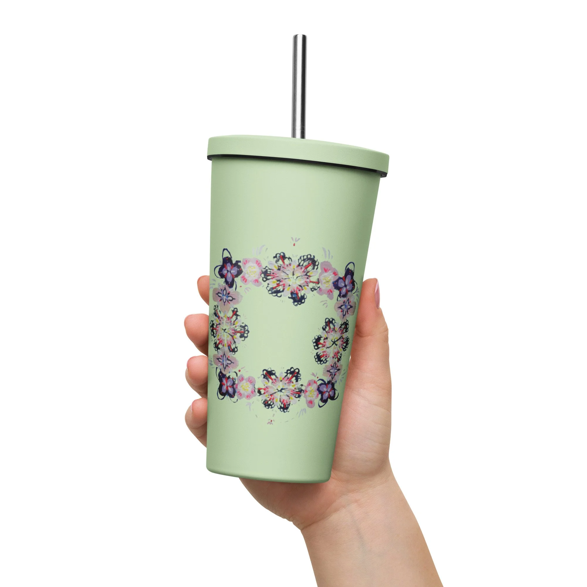 Botanical Floral Insulated Tumbler with a Straw