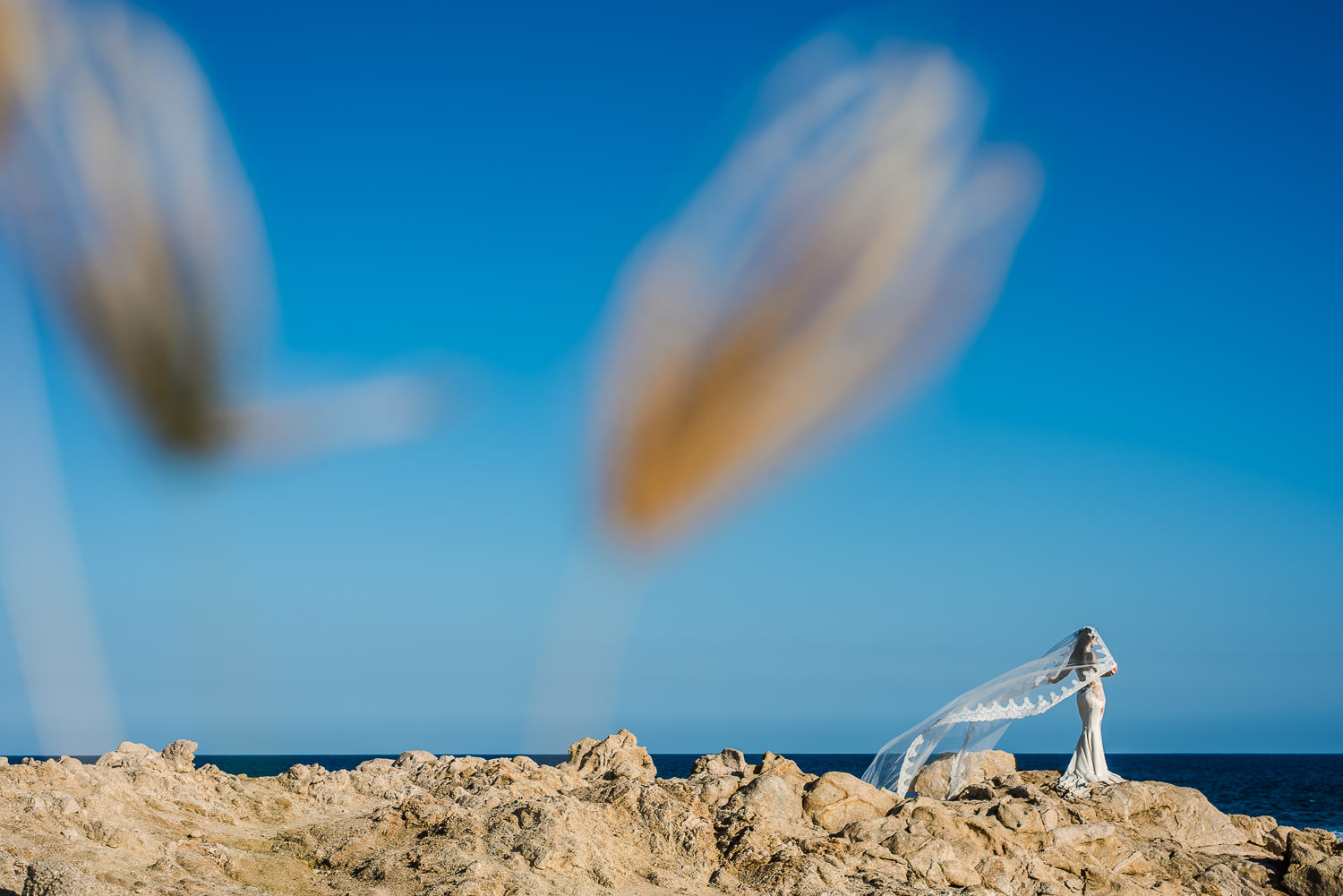 Bride with an amazing veil in fron of the Ocean